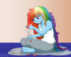 Size: 1000x800 | Tagged: safe, artist:empyu, imported from derpibooru, rainbow dash, equestria girls, barefoot, breasts, cleavage, feet, gradient background, haircut, long hair, scissors, sitting, solo