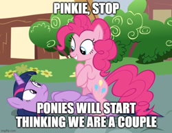 Size: 648x500 | Tagged: safe, edit, edited screencap, editor:twi clown, imported from derpibooru, screencap, pinkie pie, twilight sparkle, alicorn, earth pony, pony, fame and misfortune, bipedal, caption, cropped, duo, female, image macro, imgflip, implied lesbian, implied shipping, implied twinkie, looking at each other, lying down, mare, shipping denied, smiling, text, twilight sparkle (alicorn)
