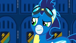 Size: 1280x720 | Tagged: safe, imported from derpibooru, screencap, soarin', pegasus, pony, newbie dash, clothes, folded wings, goggles, male, solo, stallion, uniform, wings, wonderbolts, wonderbolts uniform