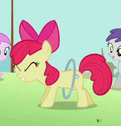 Size: 568x594 | Tagged: safe, imported from derpibooru, screencap, apple bloom, piña colada, tornado bolt, earth pony, pony, the cutie pox, animated, cropped, eyes closed, female, filly, grin, loop, loop-de-hoop, no sound, party hard, perfect loop, smiling, solo focus, webm