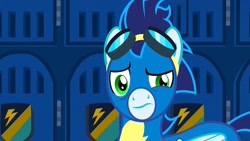 Size: 1280x720 | Tagged: safe, imported from derpibooru, screencap, soarin', pegasus, pony, newbie dash, clothes, folded wings, goggles, male, solo, stallion, uniform, wings, wonderbolts, wonderbolts uniform