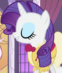 Size: 1396x1643 | Tagged: safe, imported from derpibooru, screencap, rarity, pony, unicorn, sweet and elite, clothes, cropped, dress, eyeshadow, female, frilly dress, makeup, mare, outfit catalog, solo