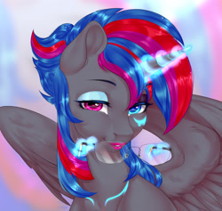 Size: 1280x1214 | Tagged: safe, artist:bylullabysoft, imported from derpibooru, oc, oc only, alicorn, pony, alicorn oc, bedroom eyes, digital art, female, glowing horn, heterochromia, horn, lipstick, magic, makeup, mare, simple background, solo, two toned eyes, wings