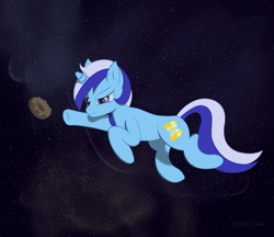 Size: 3425x2953 | Tagged: safe, artist:syntriax, imported from derpibooru, minuette, pony, unicorn, donut, female, food, mare, reaching, solo, space, stars