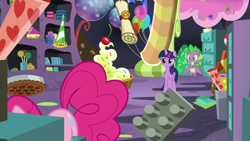 Size: 1920x1080 | Tagged: safe, imported from derpibooru, screencap, pinkie pie, spike, twilight sparkle, alicorn, dragon, the last problem, balloon, disco ball, food, party cave, pie, scroll, twilight sparkle (alicorn), winged spike, wings