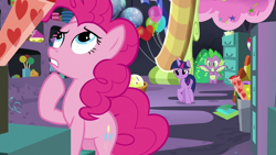 Size: 1920x1080 | Tagged: safe, imported from derpibooru, screencap, pinkie pie, spike, twilight sparkle, alicorn, dragon, earth pony, the last problem, balloon, party cave, twilight sparkle (alicorn), winged spike, wings