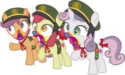 Size: 1231x743 | Tagged: safe, artist:sollace, derpibooru exclusive, imported from derpibooru, apple bloom, scootaloo, sweetie belle, 28 pranks later, .svg available, badge, clothes, cookie zombie, cutie mark crusaders, derp, filly guides, open mouth, rainbow muzzle, raised leg, scout uniform, scoutaloo, show accurate, simple background, svg, transparent background, trio, vector