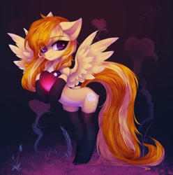 Size: 2032x2048 | Tagged: safe, artist:shenki, artist:tomness, imported from derpibooru, oc, oc only, pegasus, pony, backbend, butt fluff, chest fluff, clothes, commission, eye clipping through hair, female, heart, looking at you, mare, pale belly, smiling at you, socks, solo, spread wings, wings, ych result
