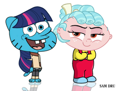 Size: 1000x731 | Tagged: safe, artist:samueldavillo, imported from derpibooru, cozy glow, twilight sparkle, cat, cursed image, face swap, family guy, gumball watterson, looking at you, obligatory pony, simple background, spongebob squarepants, stewie griffin, the amazing world of gumball, white background, wtf