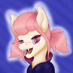 Size: 1080x1080 | Tagged: safe, artist:ismim, artist:ismim_art, imported from derpibooru, oc, oc only, oc:hopple scotch, earth pony, pony, vampire, vampony, blue background, bust, clothes, fangs, female, heart eyes, inktober, looking at you, mare, open mouth, pigtails, portrait, race swap, simple background, slit eyes, slit pupils, solo, wingding eyes