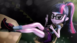 Size: 4208x2367 | Tagged: safe, artist:aryatheeditor, derpibooru exclusive, imported from derpibooru, sci-twi, twilight sparkle, equestria girls, equestria girls series, 3d, beautiful, bedroom eyes, book, canterlot high, clothes, cute, cutie mark, cutie mark on clothes, feet on table, female, geode of telekinesis, glasses, kama sutra, library, looking at you, magical geodes, nerd, outfit, peace sign, shiny, shoes, sitting, skirt, smiley face, smiling, smirk, smug, smuglight sparkle, sneakers, socks, solo, source filmmaker, twiabetes