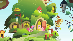 Size: 1920x1080 | Tagged: safe, imported from derpibooru, screencap, fluttershy, gummy, pinkie pie, alligator, earth pony, pegasus, party of one, cake, female, fluttershy's cottage, food, mare