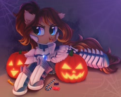 Size: 3380x2692 | Tagged: safe, artist:astralblues, imported from derpibooru, oc, earth pony, pony, armor, armored pony, blue eyes, candy, candy cane, ear fluff, earth pony oc, eyebrows down, fangs, food, gem, halloween, holiday, lying down, metal, pumpkin, rawr, spider web, teeth