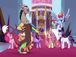 Size: 4000x3000 | Tagged: safe, artist:yami-sempai, imported from derpibooru, applejack, discord, fluttershy, pinkie pie, rainbow dash, rarity, twilight sparkle, alicorn, draconequus, earth pony, pegasus, pony, unicorn, the beginning of the end, mane six, scene interpretation, twilight sparkle (alicorn)