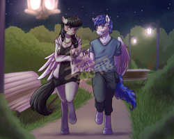 Size: 2500x2000 | Tagged: safe, artist:yami-sempai, imported from derpibooru, octavia melody, oc, anthro, pegasus, unguligrade anthro, bench, canon x oc, clothes, dress, jacket, lamppost, male, night, pants, park, shirt