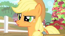 Size: 1920x1080 | Tagged: safe, imported from derpibooru, screencap, applejack, earth pony, pony, party of one, apple, cart, female, fence, food, mare, solo