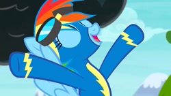 Size: 1280x720 | Tagged: safe, imported from derpibooru, screencap, rainbow dash, pegasus, pony, newbie dash, black cloud, clothes, cute, dashabetes, eyes closed, female, flying, goggles, solo, uniform, wonderbolts, wonderbolts uniform