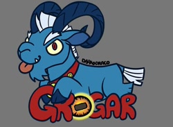 Size: 570x418 | Tagged: safe, imported from derpibooru, grogar, sheep, badge, crystal ball, gray background, grogar's orb, looking at you, male, ram, simple background, solo, tongue out