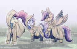 Size: 1368x876 | Tagged: safe, artist:inuhoshi-to-darkpen, imported from derpibooru, apple bloom, scootaloo, sweetie belle, earth pony, pegasus, pony, unicorn, adorabloom, cheek fluff, curved horn, cute, cutealoo, cutie mark crusaders, diasweetes, ear fluff, eyes closed, female, filly, foal, happy, having fun, hood, horn, looking at each other, looking at someone, one eye closed, open mouth, playing, puddle, rain, raincoat, silly face, splashing, spread wings, tongue out, trio, wing fluff, wings