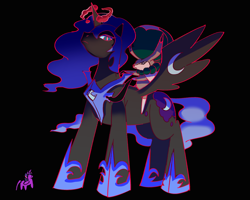 Size: 1280x1024 | Tagged: safe, artist:tzc, imported from derpibooru, nightmare moon, twilight sparkle, armor, black background, calyrex, dynamax, gigantamax, macro/micro, pokemon sword and shield, pokémon, simple background, size difference