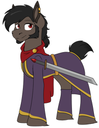 Size: 1620x2086 | Tagged: safe, artist:rokosmith26, imported from derpibooru, oc, oc only, earth pony, pony, button, clothes, ear piercing, earring, facial hair, hoof fluff, jewelry, male, piercing, ponytail, robe, scarf, simple background, smiling, solo, stallion, standing, sword, transparent background, weapon