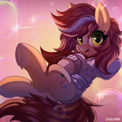 Size: 4096x4096 | Tagged: safe, artist:ask-colorsound, imported from derpibooru, oc, oc only, oc:bead trail, earth pony, pony, abstract background, absurd resolution, bubble, clothes, commission, female, hoodie, looking at you, mare, scarf, smiling at you, solo, sweater, underhoof