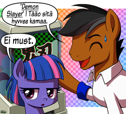 Size: 800x727 | Tagged: safe, artist:uotapo, edit, editor:rautamiekka, imported from derpibooru, quibble pants, wind sprint, pony, dialect, dialogue, duo, eyes closed, father and child, father and daughter, female, filly, finnish, gashapon, japanese, kimetsu no yaiba, male, open mouth, speech bubble, stallion, sweat, sweatdrop, translation, translator:rautamiekka