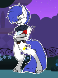 Size: 497x663 | Tagged: safe, artist:hollymiap, imported from derpibooru, oc, oc only, oc:isaac pony, earth pony, pony, semi-anthro, among us, blue eyes, blue mane, cute, cutie mark, flower, hat, hug, male, night, plushie, smiling, solo, tail