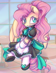 Size: 1908x2480 | Tagged: safe, artist:musicfirewind, artist:wavecipher, imported from derpibooru, fluttershy, pegasus, pony, clothes, colored pupils, cute, dress, eye clipping through hair, female, fluttermaid, heart eyes, looking at you, maid, mare, shyabetes, sitting, smiling, smiling at you, solo, spread wings, wingding eyes, wings