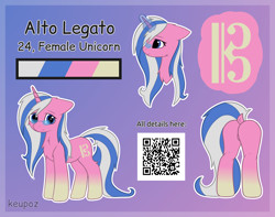 Size: 2600x2048 | Tagged: safe, artist:keupoz, imported from derpibooru, oc, oc only, oc:alto legato, unicorn, abstract background, butt, commission, cute, female, glasses, mare, plot, qr code, reference sheet, solo, text