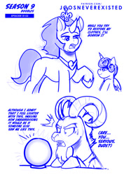 Size: 724x1024 | Tagged: safe, artist:jcosneverexisted, imported from derpibooru, grogar, king sombra, princess flurry heart, pony, unicorn, the beginning of the end, baby, crown, dialogue, female, jewelry, male, regalia, season 9 doodles, stallion