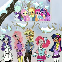 Size: 2132x2139 | Tagged: safe, artist:citi, imported from derpibooru, screencap, applejack, fluttershy, pinkie pie, rarity, twilight sparkle, alicorn, human, tanks for the memories, clothes, earmuffs, height difference, humanized, scarf, scene interpretation, screencap reference, snow, tree, twilight sparkle (alicorn), winter, winter outfit