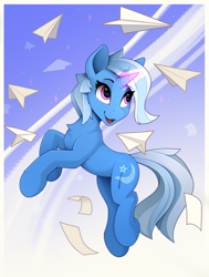 Size: 1510x1995 | Tagged: safe, artist:yakovlev-vad, imported from derpibooru, trixie, pony, unicorn, abstract background, chest fluff, cute, diatrixes, eye clipping through hair, eyebrows, eyebrows visible through hair, female, glowing horn, horn, magic, mare, open mouth, paper, paper airplane, smiling, solo, telekinesis