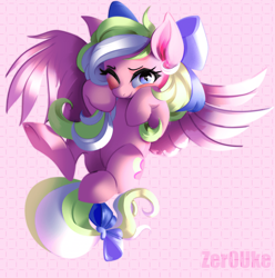 Size: 700x707 | Tagged: safe, artist:zerouke, imported from derpibooru, oc, oc only, oc:bay breeze, pegasus, pony, blushing, bow, cute, female, flying, hair bow, looking at you, mare, ocbetes, one eye closed, simple background, spread wings, tail bow, underhoof, wings, wink, winking at you