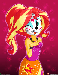 Size: 1500x1942 | Tagged: safe, artist:dieart77, imported from derpibooru, sunset shimmer, equestria girls, breasts, clothes, cutie mark, dia de los muertos, face paint, female, holiday, one eye closed, open mouth, skirt, sleeveless, small breasts, solo, wink