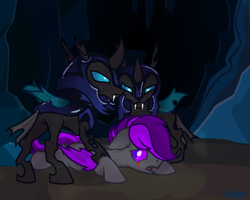 Size: 750x600 | Tagged: safe, imported from derpibooru, oc, oc only, oc:moonlight thunder, bat pony, changeling, pony, captured, changeling guard, changeling hive, detailed background, ears back, floppy ears, looking back, lying down, scared