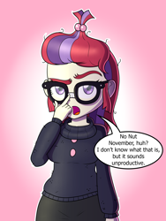 Size: 3000x4000 | Tagged: safe, artist:thealjavis, imported from derpibooru, moondancer, comic:no nut moondancer, equestria girls, breasts, clothes, dialogue, equestria girls-ified, female, glasses, no nut november, simple background, solo, sweater