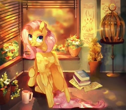 Size: 2000x1750 | Tagged: safe, artist:cloodels, imported from derpibooru, fluttershy, pegasus, pony, bird cage, blinds, book, bright, crepuscular rays, cup, cute, day, ear fluff, female, flower, folded wings, indoors, looking at you, looking back, looking back at you, looking up, mare, mug, potted plant, shyabetes, sitting, smiling, solo, sunshine, window, wings