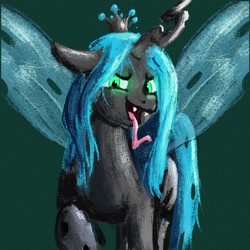 Size: 2048x2048 | Tagged: safe, artist:dummyhorse, artist:phutashi, imported from derpibooru, queen chrysalis, changeling, changeling queen, crown, female, floppy ears, head turn, high res, jewelry, looking at you, open mouth, raised hoof, regalia, simple background, smiling, solo, spread wings, tongue out, turned head, wings