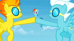 Size: 1280x720 | Tagged: safe, imported from derpibooru, screencap, fleetfoot, rainbow dash, spitfire, pegasus, rainbow falls, female, flying, goggles