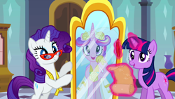 Size: 1280x720 | Tagged: safe, imported from derpibooru, screencap, princess cadance, rarity, twilight sparkle, alicorn, pony, unicorn, a canterlot wedding, bipedal, clothes, dress, glowing horn, horn, magic, magic aura, marriage, measuring tape, mirror, paper, quill, quill pen, unicorn twilight, wedding, wedding dress, wedding veil