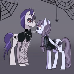 Size: 2048x2048 | Tagged: safe, artist:pfeffaroo, imported from derpibooru, funnel web, inky rose, earth pony, pegasus, pony, spider, braid, clothes, duo, female, folded wings, goth, gray background, halloween, high res, holiday, jewelry, lidded eyes, male, mare, mouth hold, necklace, netting, nightmare night, simple background, spider web, stallion, standing, wings