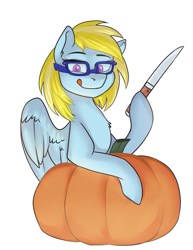 Size: 1107x1437 | Tagged: safe, artist:haruhi-il, imported from derpibooru, oc, oc only, oc:cloud cuddler, pegasus, pony, accessories, accessory, commission, female, glasses, halloween, holiday, knife, nightmare night, pumpkin, pumpkin carving, solo, tongue out, ych result