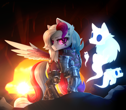 Size: 4000x3466 | Tagged: safe, artist:dipfanken, imported from derpibooru, oc, oc only, pegasus, pony, absurd resolution, armor, cave, eye clipping through hair, high res, looking at you, oc name needed, pegasus oc, raised hoof, smiling, smiling at you, spirit, spread wings, wings