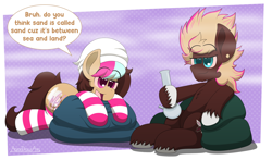 Size: 3000x1758 | Tagged: safe, artist:aarondrawsarts, imported from derpibooru, oc, oc only, oc:nea quinn, oc:sherbert frost, earth pony, beanie, bloodshot eyes, bong, clothes, cloven hooves, dialogue, drugs, hat, high, marijuana, socks, striped socks, unshorn fetlocks