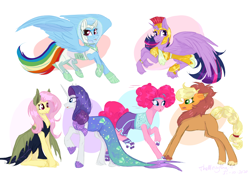 Size: 5000x3500 | Tagged: safe, artist:themessyfangirl, imported from derpibooru, applejack, fluttershy, pinkie pie, rainbow dash, rarity, twilight sparkle, alicorn, earth pony, mermaid, pony, unicorn, scare master, animal costume, applelion, armor, astrodash, athena sparkle, clothes, costume, dress, female, flutterbat costume, halloween, holiday, mane six, mare, mermarity, nightmare night costume, pinkie puffs, rarity's mermaid dress, simple background, twilight sparkle (alicorn), white background