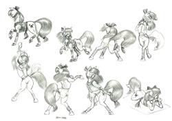 Size: 1500x1061 | Tagged: safe, artist:baron engel, imported from derpibooru, apple bloom, earth pony, pony, belly dance, belly dancer outfit, bridle, butt, female, filly, monochrome, pencil drawing, plot, solo, tack, traditional art