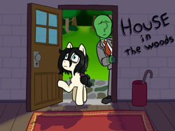 Size: 640x480 | Tagged: safe, artist:scraggleman, imported from derpibooru, oc, oc only, oc:anon, oc:floor bored, earth pony, human, pony, clothes, description is relevant, door, doorway, duo, female, game, human male, male, mare, necktie, rpg maker, suit, text, title screen, tree, umbrella