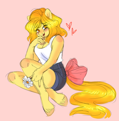 Size: 540x551 | Tagged: safe, artist:ask-butterscotch, artist:robiinart, imported from derpibooru, oc, oc only, oc:butterscotch (robiinart), anthro, earth pony, unguligrade anthro, blushing, bow, female, flower, heart, looking at you, mare, smiling, solo, tail bow