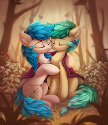 Size: 994x1145 | Tagged: safe, artist:breakdream, imported from derpibooru, oc, oc only, oc:keyla, oc:summer ray, pegasus, pony, blanket, cuddling, eyes closed, forest, forest background, hug, leaves, pegasus oc, tree, wings